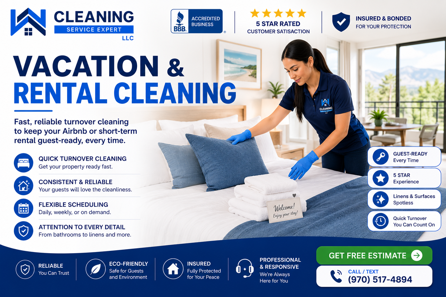 A Cleaning Service Expert team member preparing a guest room
